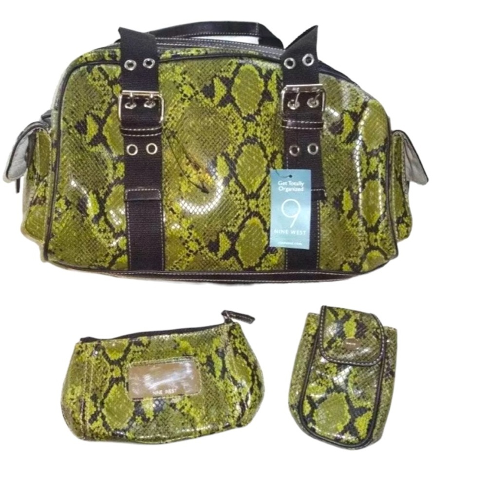 $65 Nine West 3 Pieces Snake 🐍 Purse Green Black Tote + Pouch Mirror Card Holder
